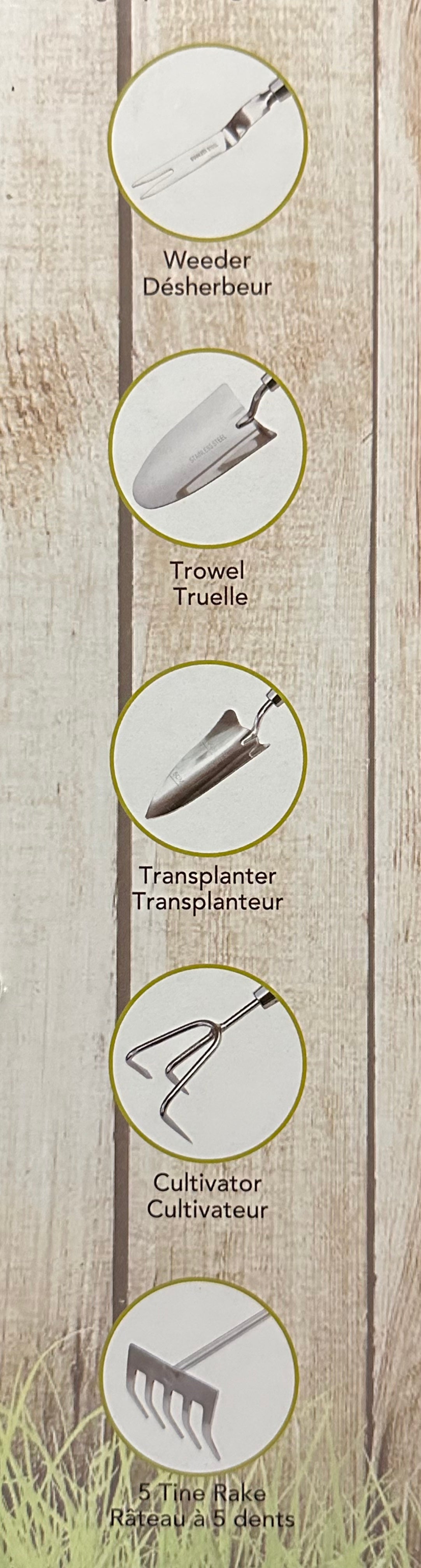 Set of gardening tools with labels on a wooden background