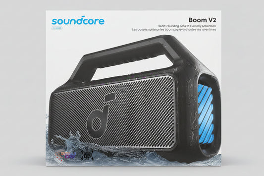 Soundcore Boom V2 speaker packaging on a gray background