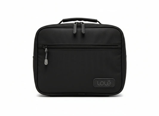 Black backpack with a visible brand logo on a white background