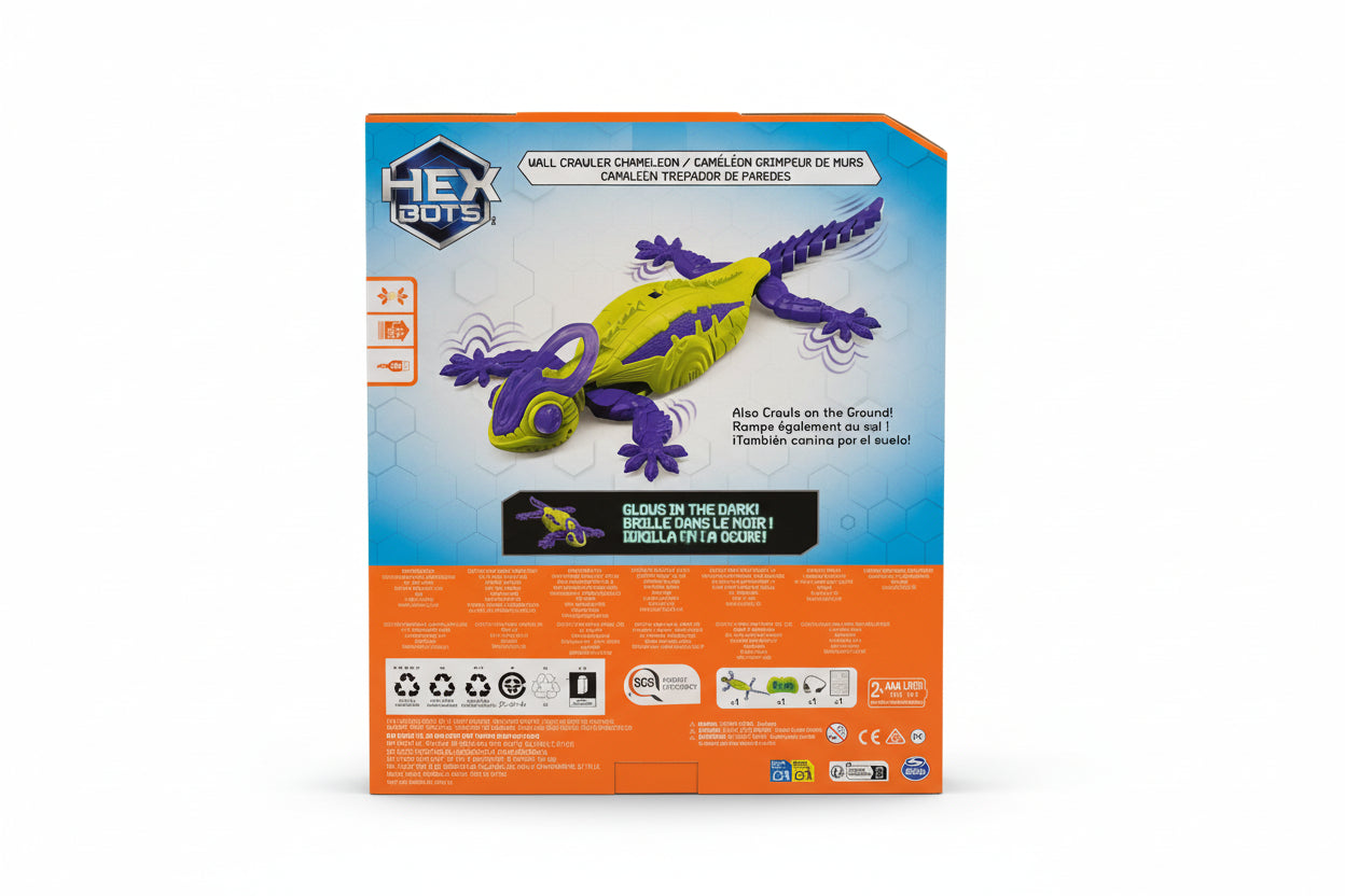 Toy dinosaur packaging with a blue and orange design on a black surface