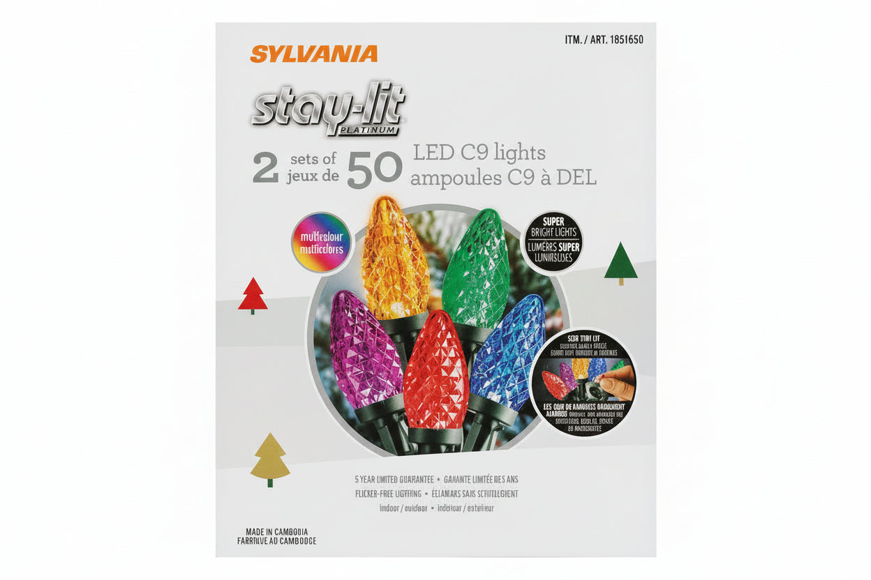 Sylvania LED C9 light bulbs packaging on a dark surface