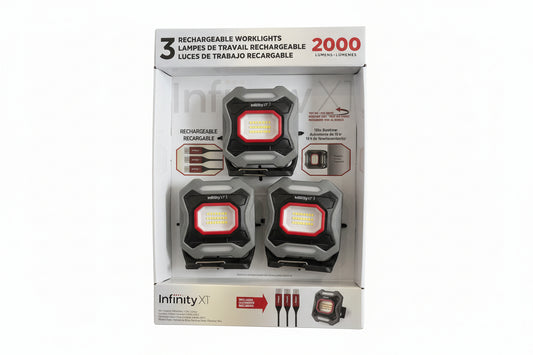 Three rechargeable worklights in a box with 'Infinity XT' branding.