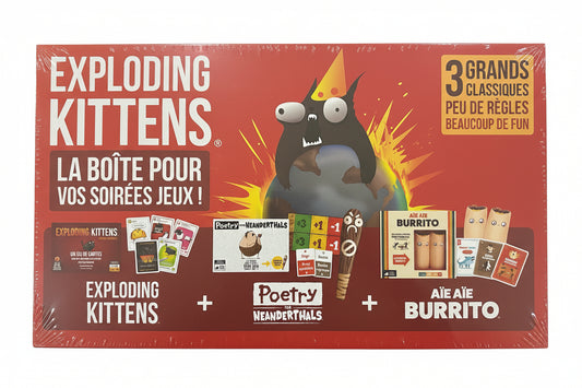 Board game box for 'Exploding Kittens' with cartoon character on red background