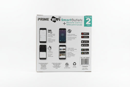 Package of Prime WiFi Smart Outlets with smartphone app icons on a black surface