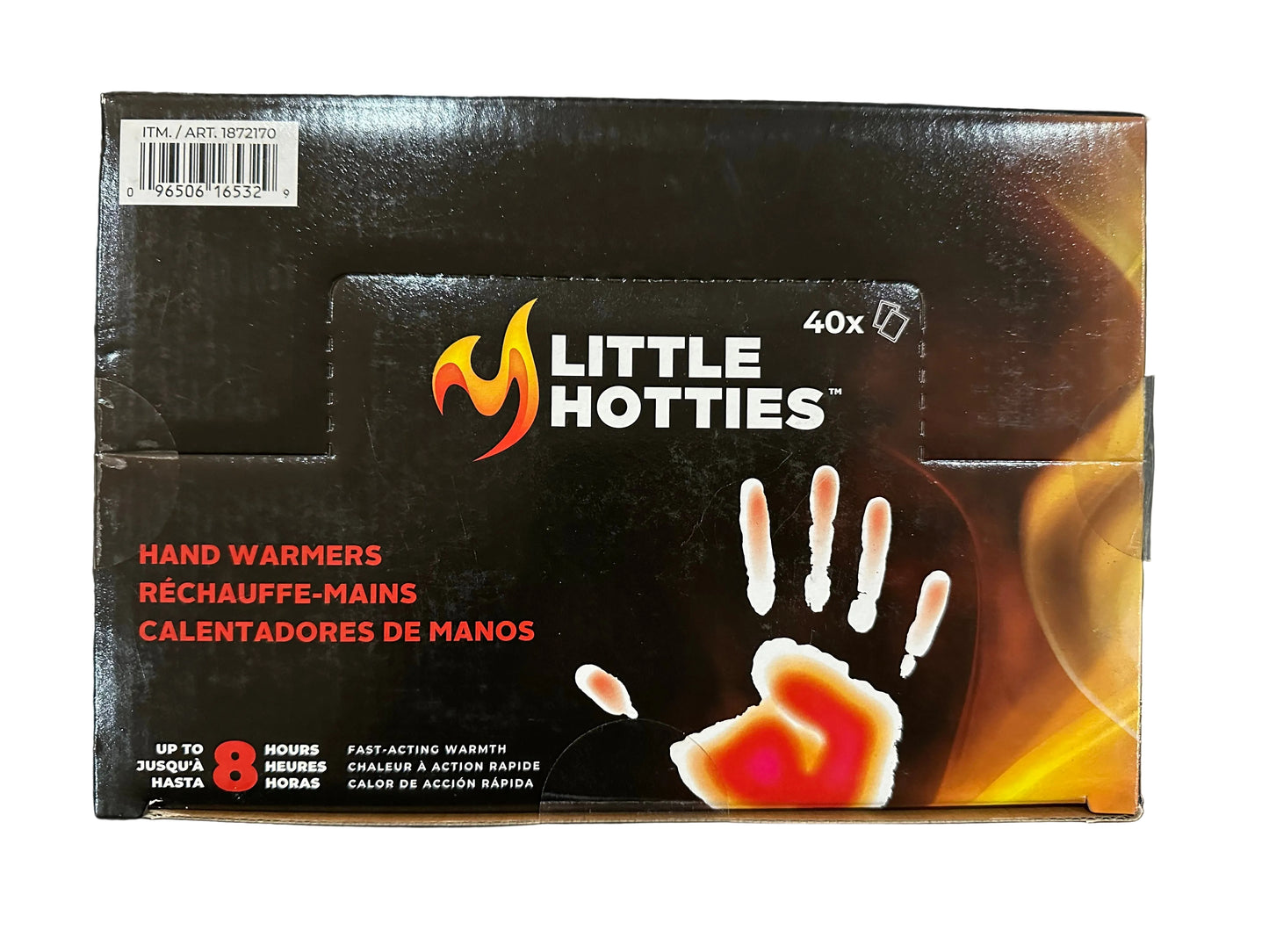 Box of Little Hotties hand warmers on a black background