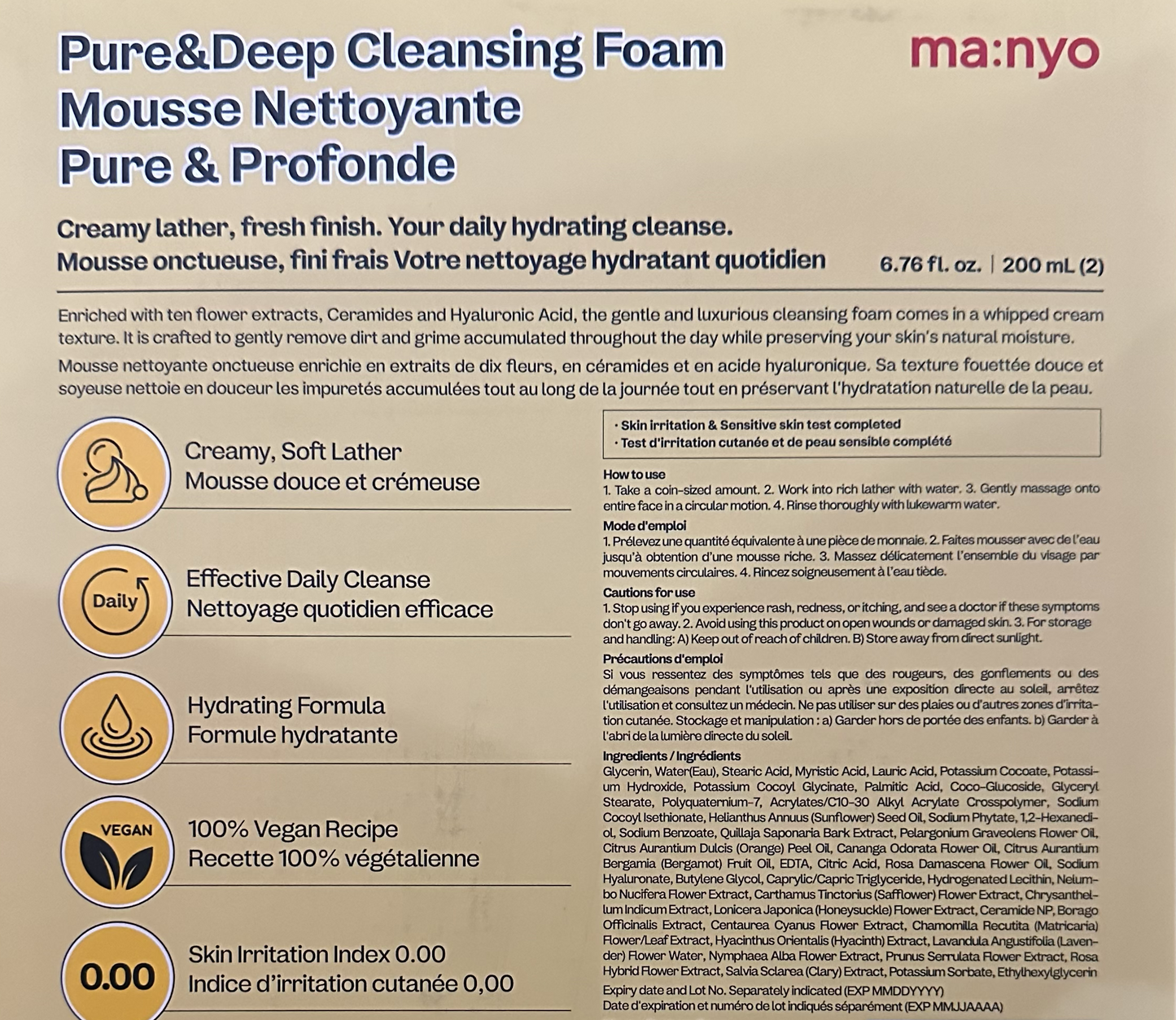 The back of a Pure&Deep Cleansing Foam bottle package, showing product details, ingredients, usage instructions, and a barcode on a beige background.