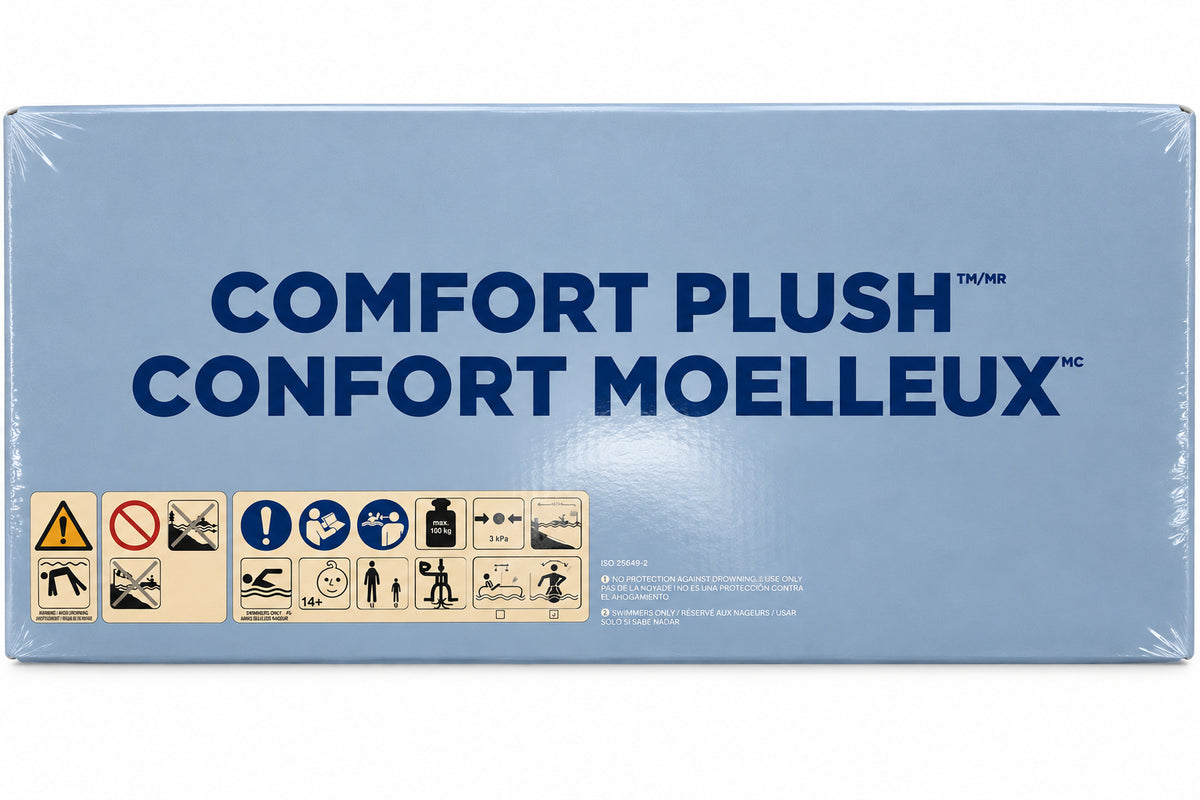 Side of the H2OGO! Comfort Plush lounger box with safety symbols, 100 kg maximum load and ages 14+
