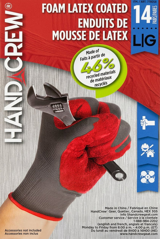 HandCrew foam latex coated glove packaging with a wrench, on a gray background