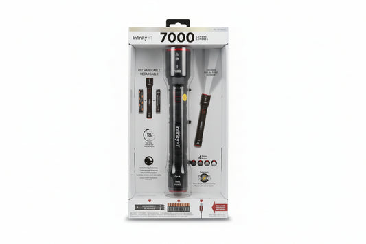 Infinity XP flashlight in packaging on a black speckled surface