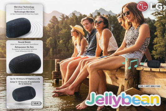 Advertisement for a portable speaker with people sitting by a lake, featuring LG and Jellybean branding.