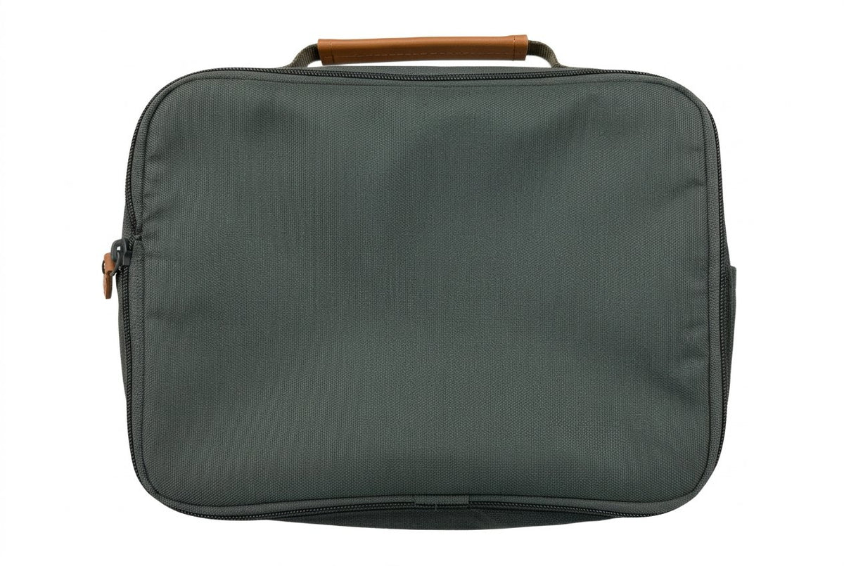 Gray bag with brown handles and zippers on a white background