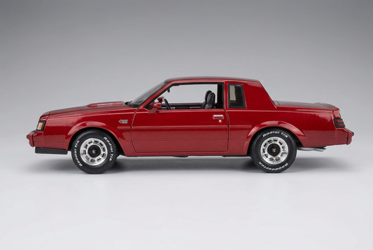 Side profile of the red Maisto 1987 Buick Grand National 1:18 die-cast model car