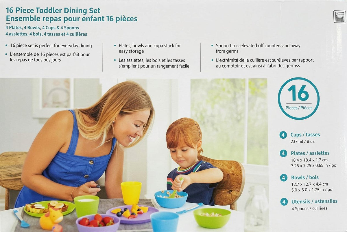 Munchkin toddler dining set packaging with a woman and child at a table.