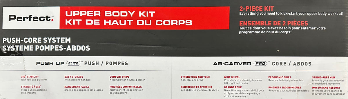 Product packaging for an upper body kit with text in multiple languages.
