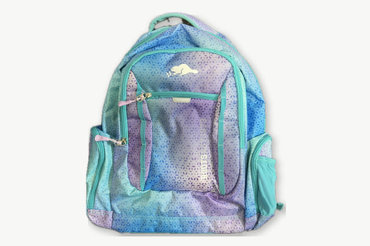 Roots 38L backpack in teal, blue and lavender ombré leaf print, front view with beaver logo