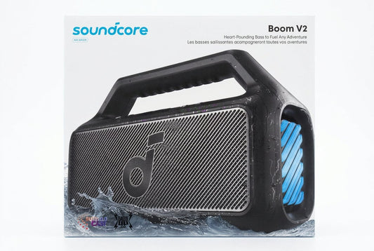 Soundcore Boom V2 speaker packaging on a gray background