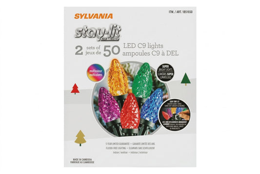 Sylvania LED C9 light bulbs packaging on a dark surface