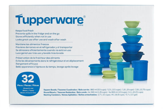 Tupperware container set packaging with blue and green bowls on a white background