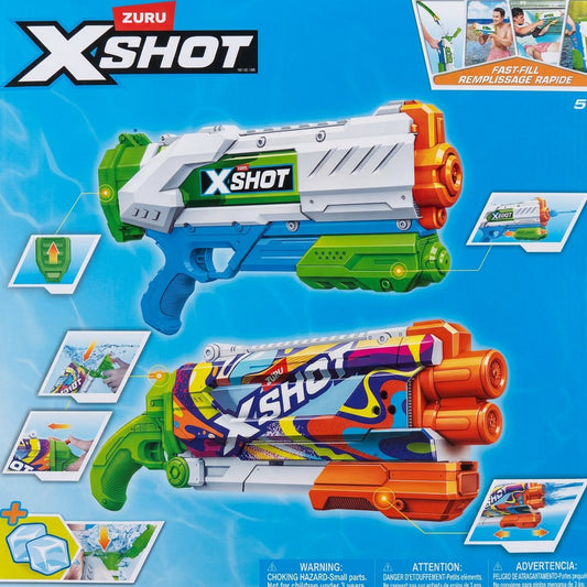 X-Shot toy gun packaging with colorful design on a blue background
