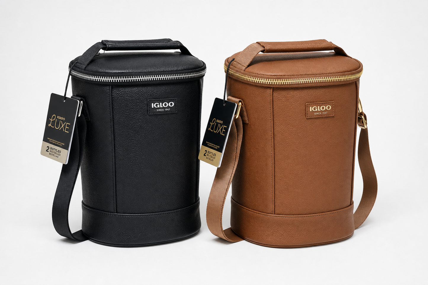 Igloo Luxe 2-bottle cooler bag in black and cognac brown