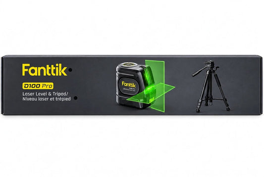 Fanttik D100 Pro box side showing the laser level projecting green lines next to the tripod
