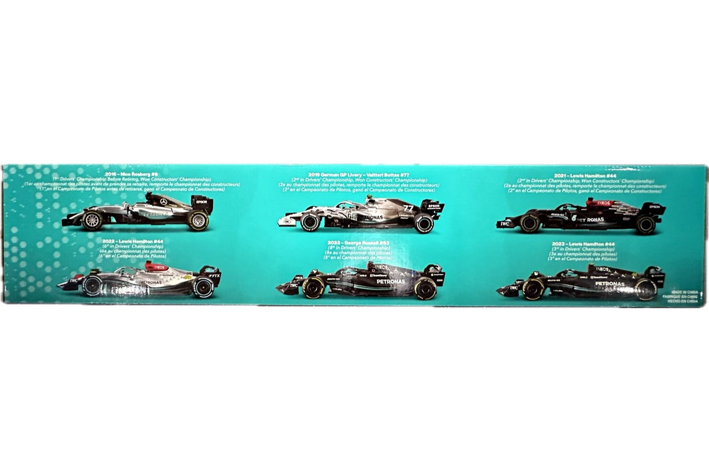Bburago Mercedes-AMG Petronas Formula Racing car lineup on package side