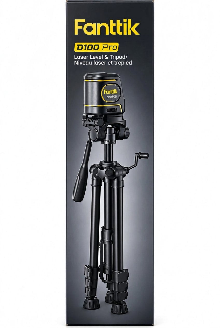 Fanttik D100 Pro box front showing the laser level mounted on the tripod