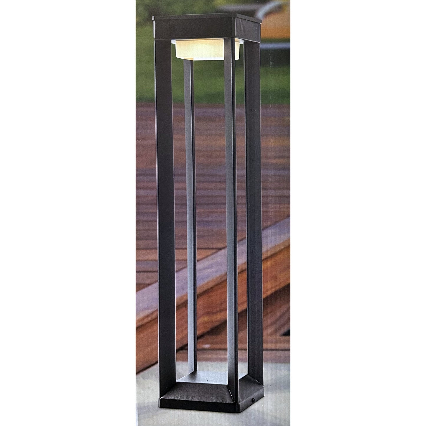 Black solar pathway bollard light close-up