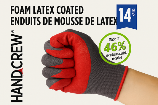 Red and gray gardening glove with 'Handcrew' branding and sustainability information on a white background.