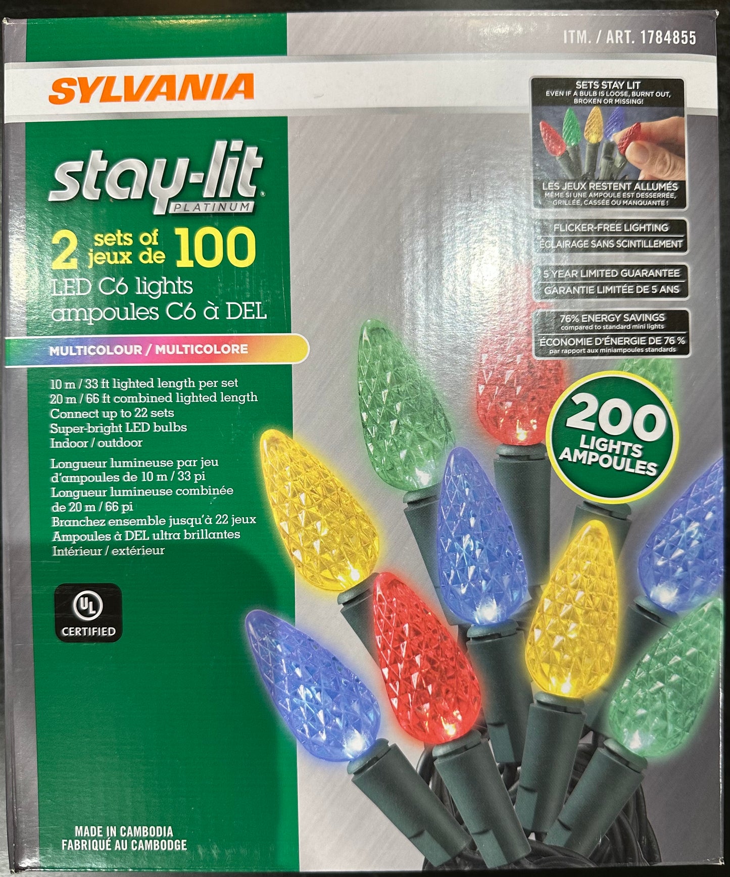 2 lots de 100 - Guirlandes lumineuses LED Sylvania Stay-Lit Platinum - 200 ampoules C6 multicolores