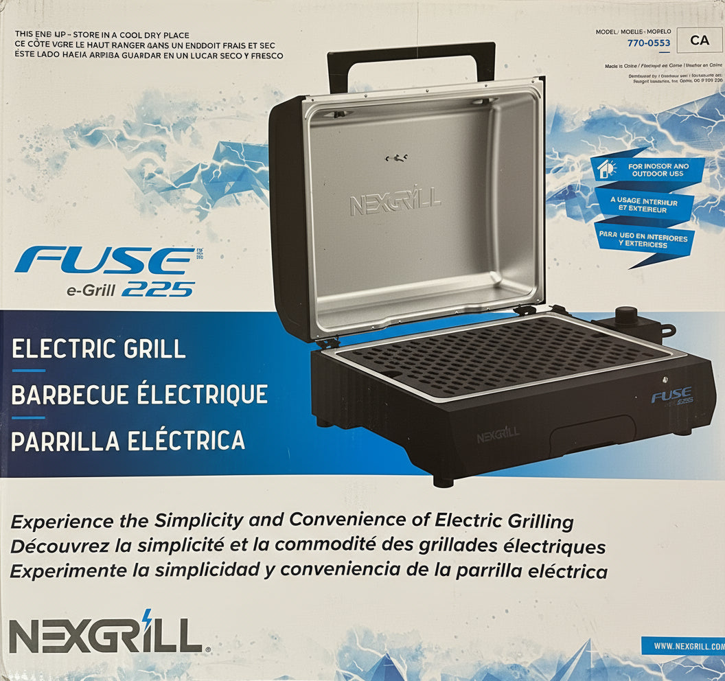 Nexgrill electric grill packaging with branding and product details.