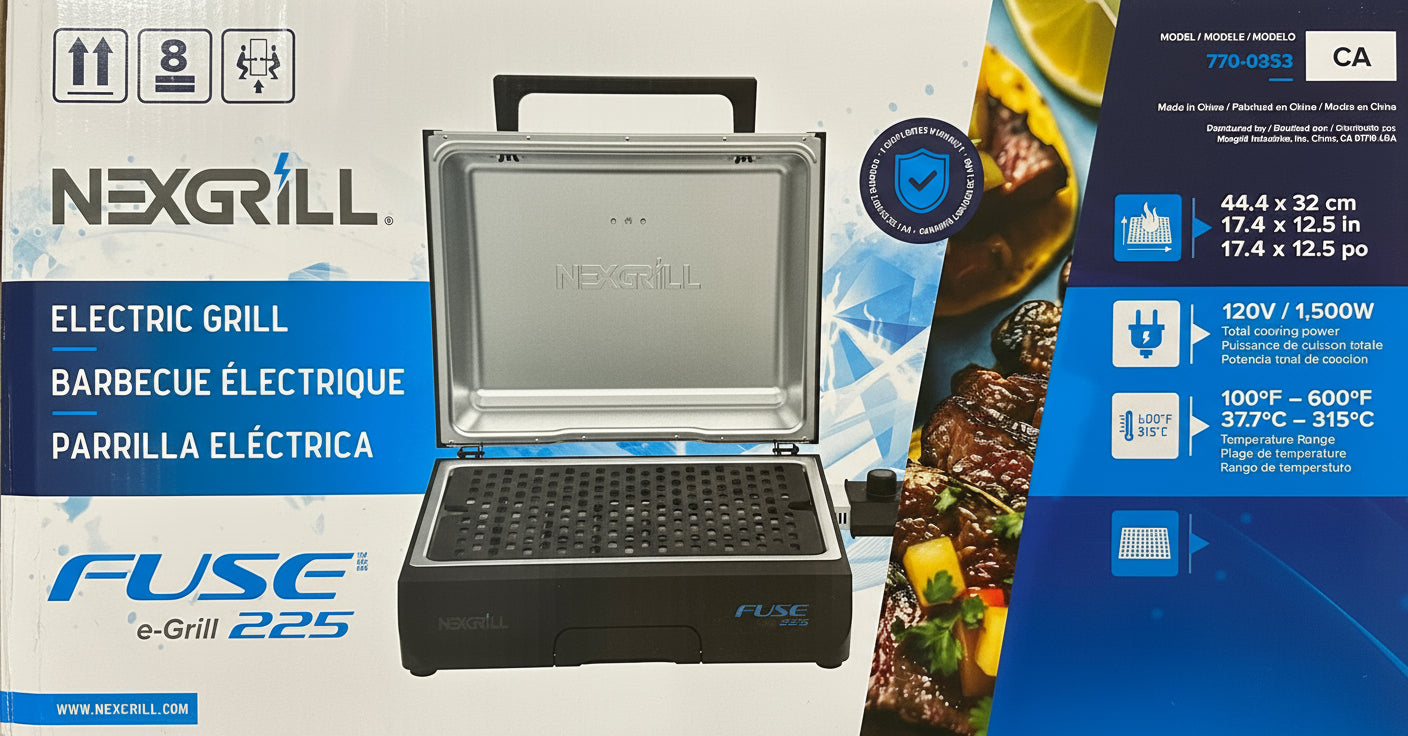 Nexgrill electric grill packaging with branding and product details.