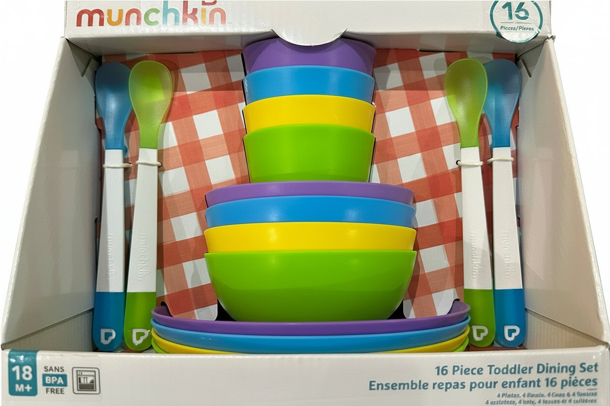 Munchkin 16-piece toddler dining set in packaging with colorful bowls, spoons, and forks.