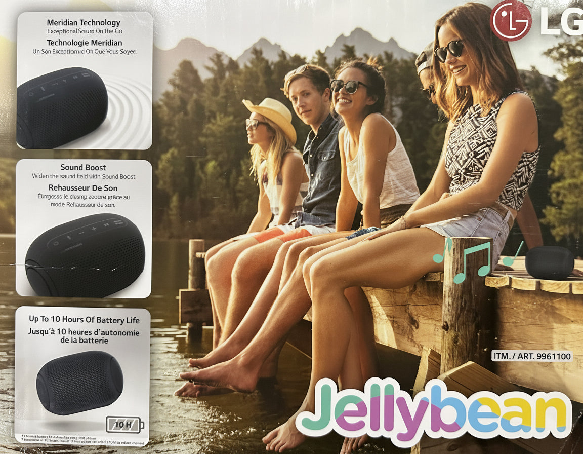 Advertisement for a portable speaker with people sitting by a lake, featuring LG and Jellybean branding.