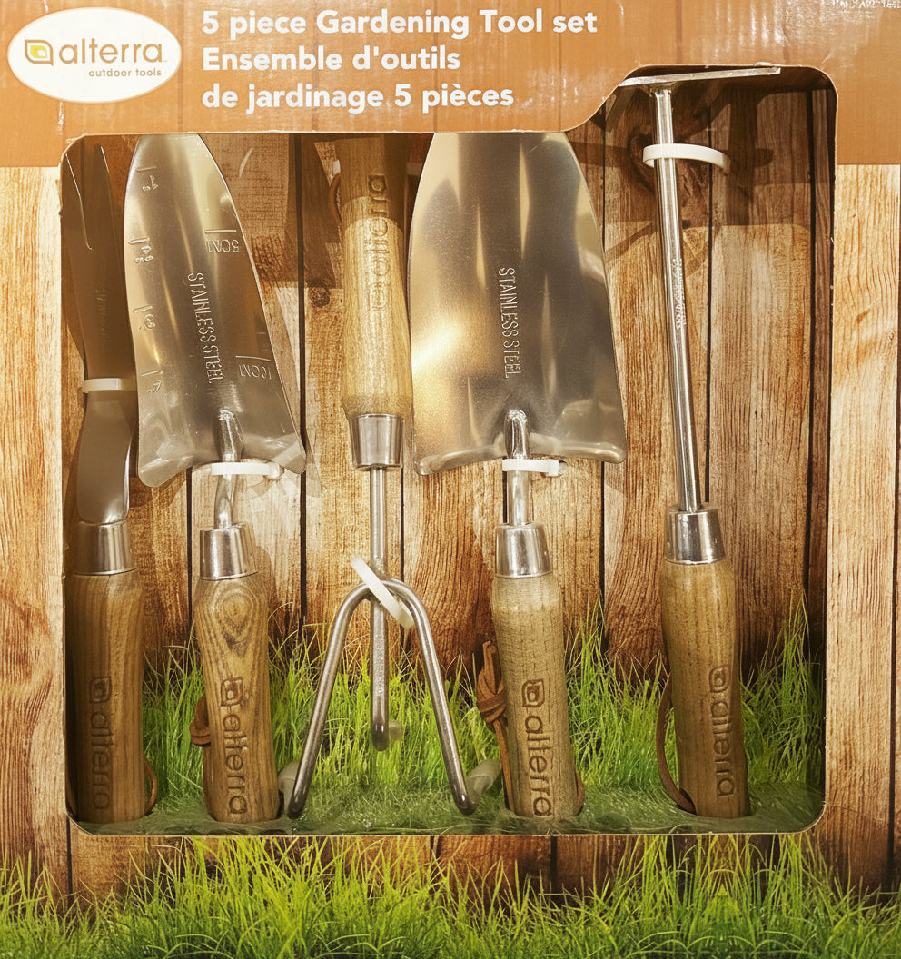 Five-piece gardening tool set in a wooden box with 'alterra' branding.