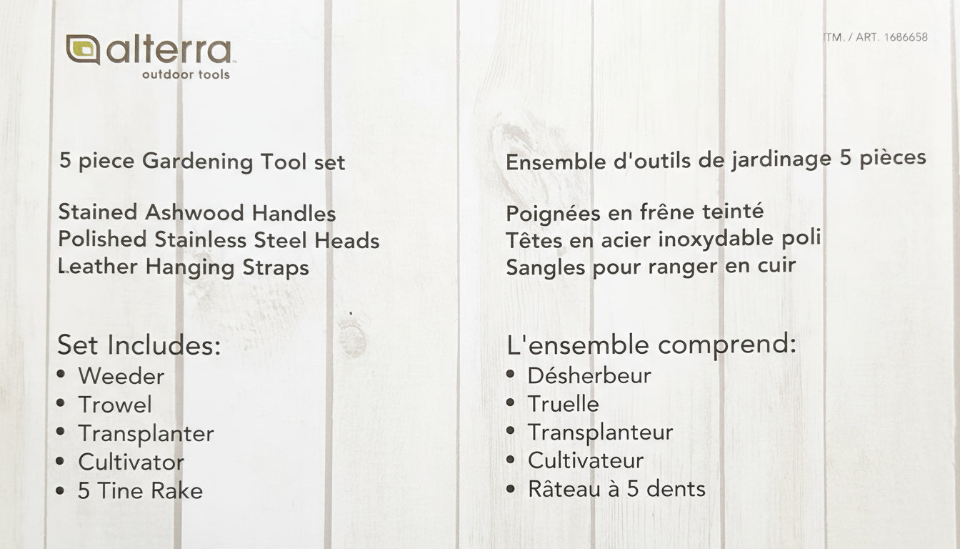 Product description of a gardening tool set with 'alterra outdoor tools' branding on a wooden background.