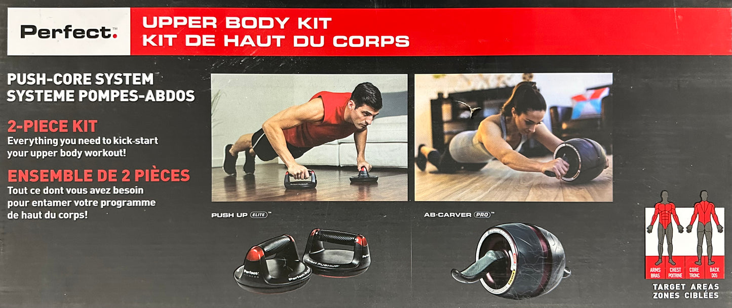 Advertisement for a Perfect Upper Body Kit with images of people using the equipment and text detailing the product.