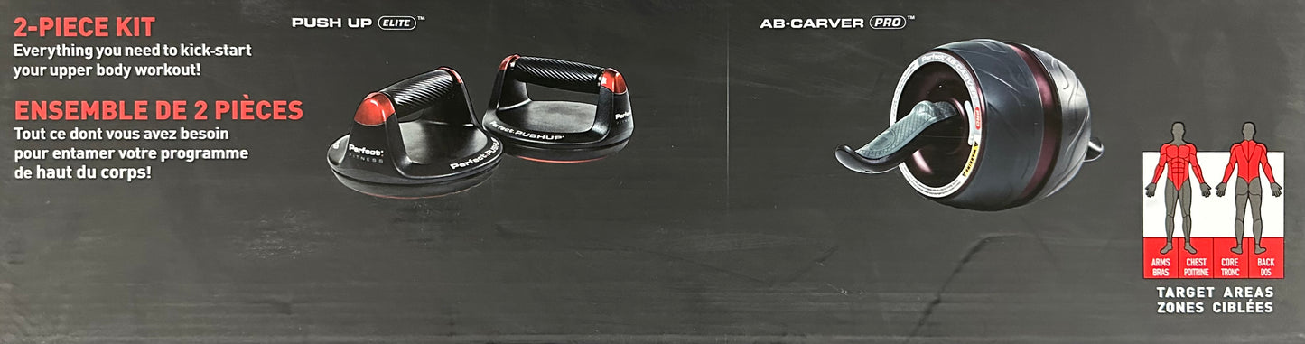 Two-piece fitness kit with push-up bar and ab roller on a dark background