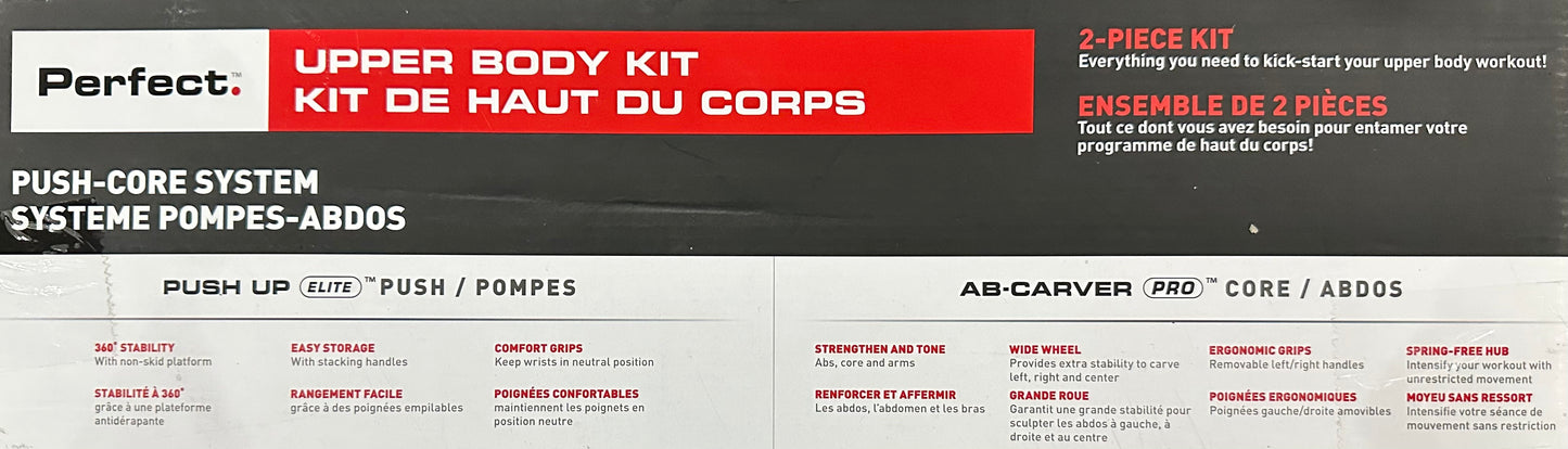 Product packaging for an upper body kit with text in multiple languages.
