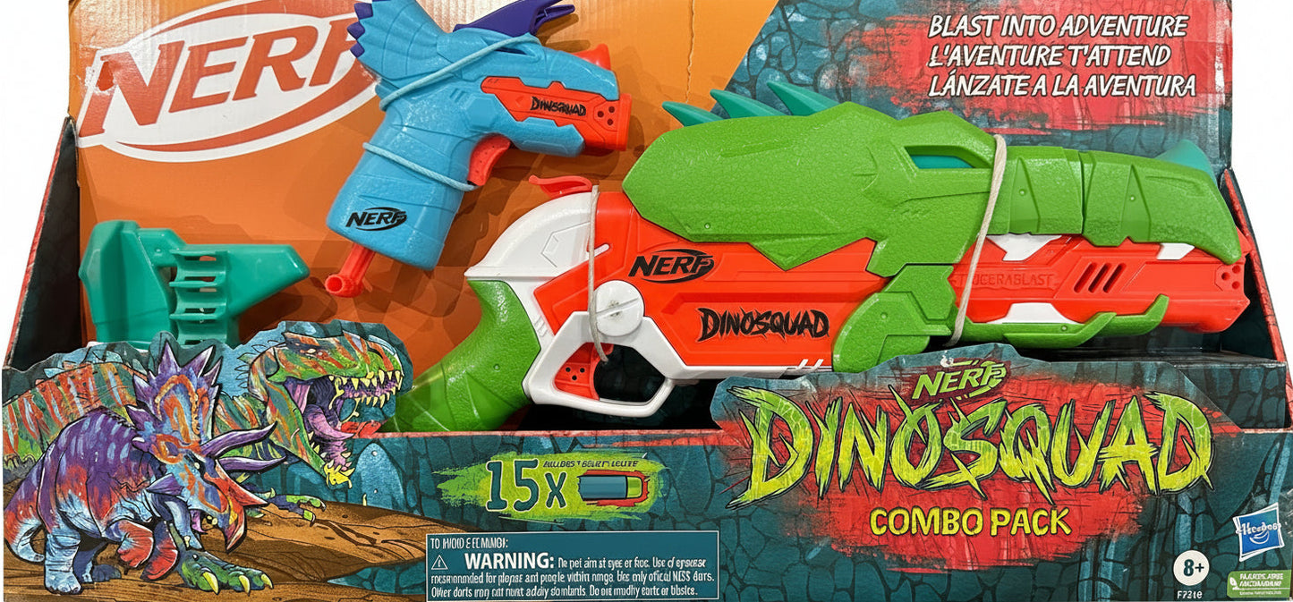 Nerf Dinosquad combo pack with multiple dinosaur-themed toys in front of a Nerf branded box.