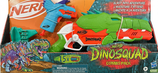 Nerf Dinosquad combo pack with multiple dinosaur-themed toys in front of a Nerf branded box.