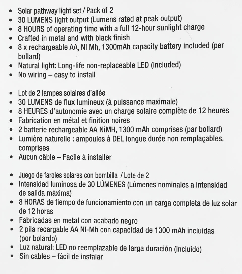 Product label for solar pathway light set with technical specifications.