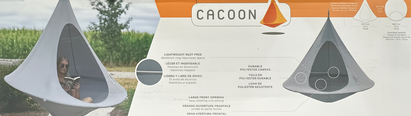 Cacoon product packaging with a gray hanging tent and brand name.