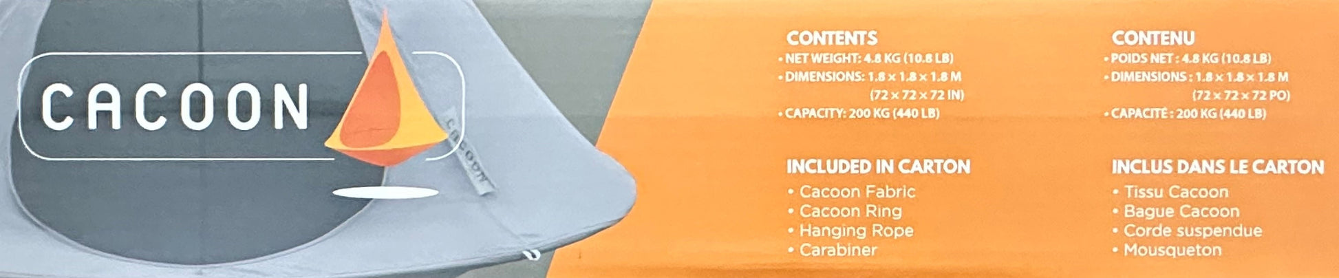 CACOON product packaging with text and graphics on an orange background