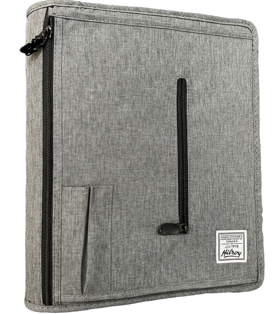 Gray Hilroy binder with zippers and a handle on a white background