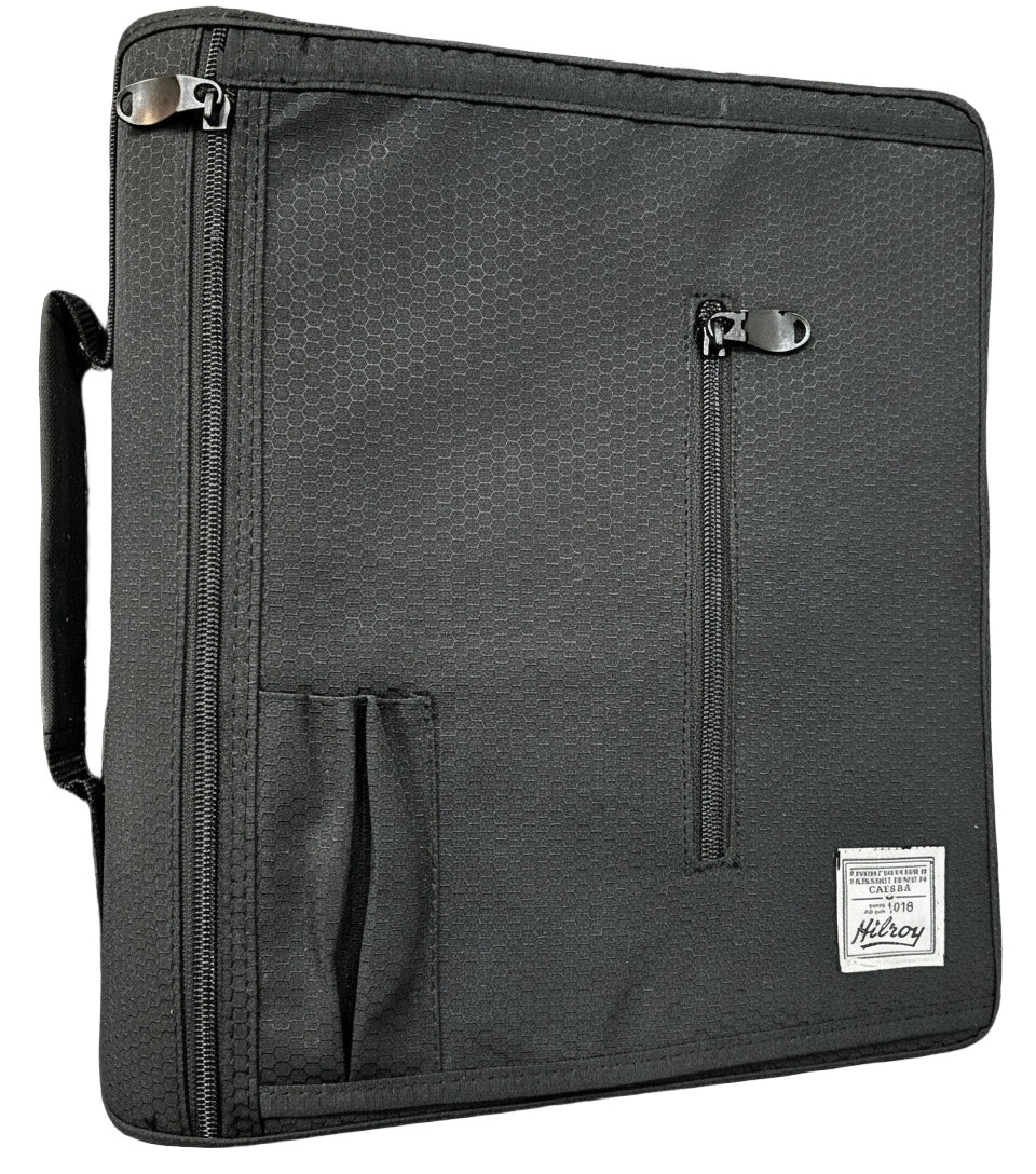 Black Hilroy binder with zippers and a handle on a white background