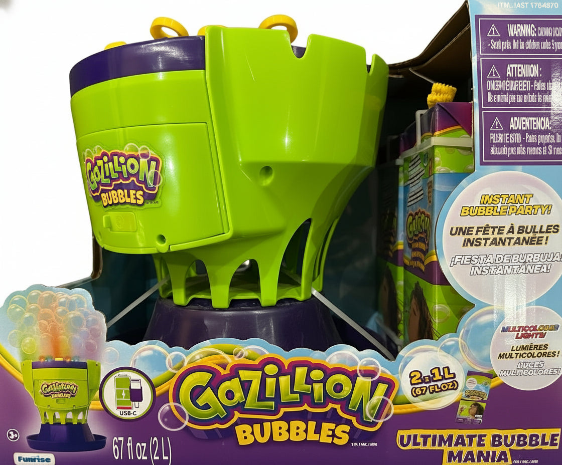 Gazillion Bubbles bubble machine with packaging on a white background