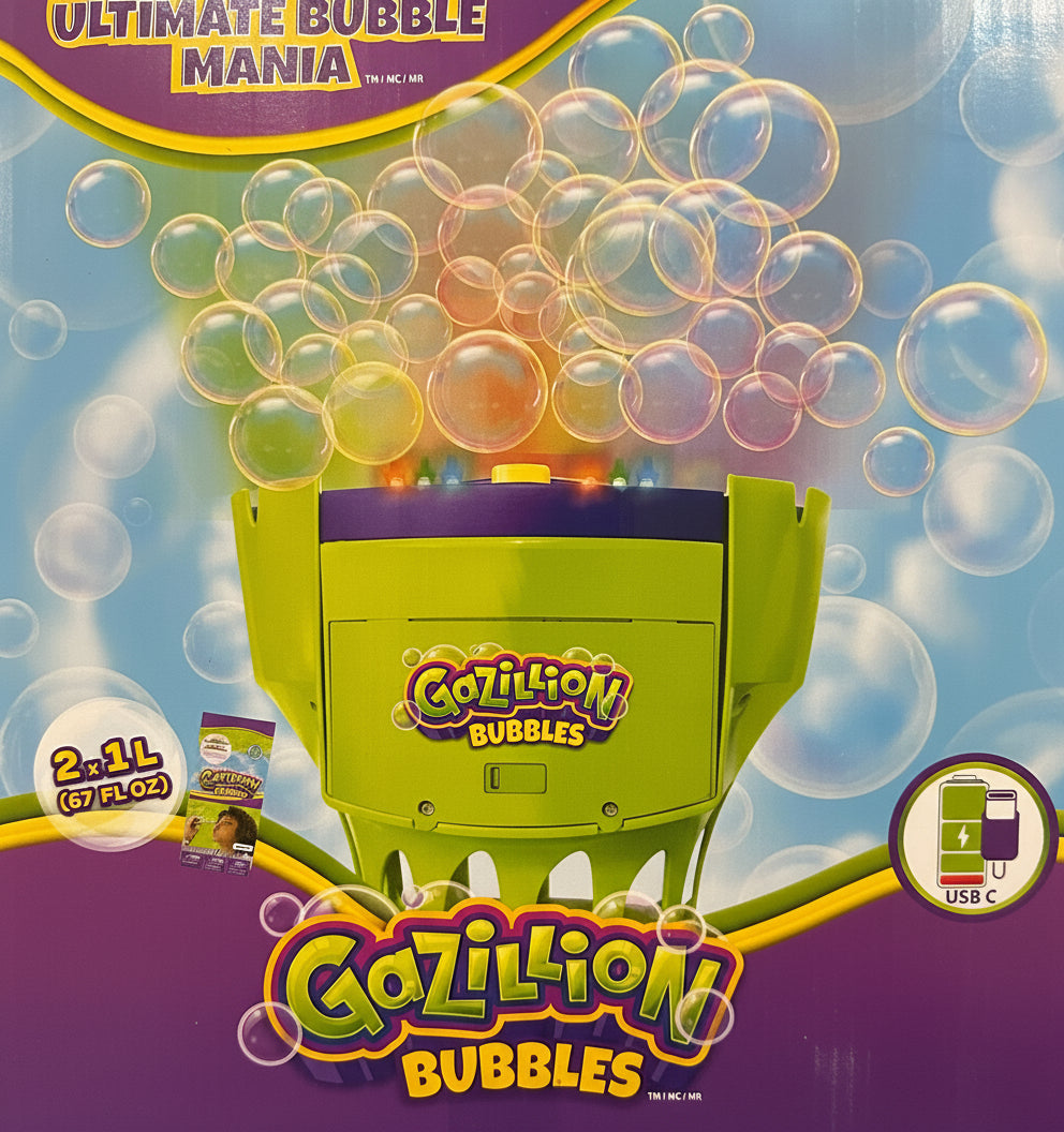 Gazillion Bubbles machine packaging with bubbles and branding on a colorful background