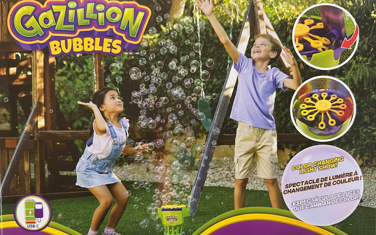 Gazillion Bubbles product packaging with children playing outdoors, featuring bubble solution and machine.