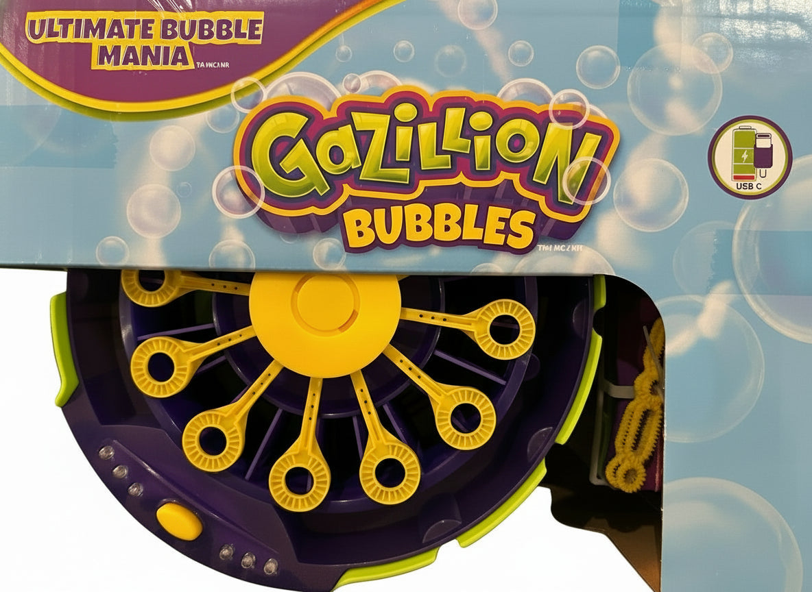 Gazillion Bubbles bubble machine packaging with bubbles in the background